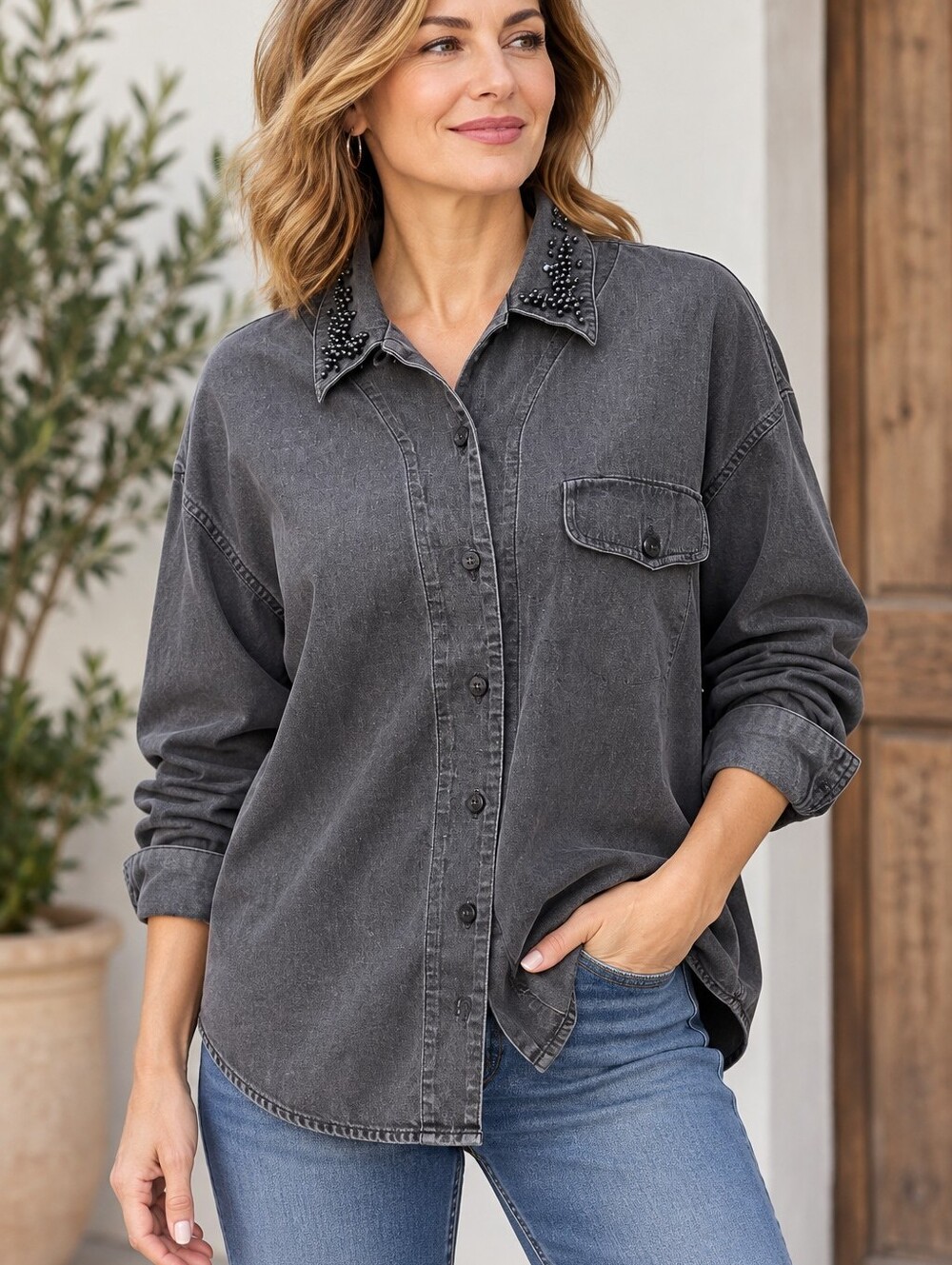 First Issue American Design Black Denim Women's Shirt Sz M Beaded Collar Vintage